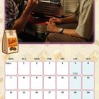 Oben: Zwei Männer diskutieren vor einem Kasten mit Ringen. Unten: Kalender für Juni mit "Luke's Coffee" Logo.