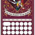 Kalenderblatt "December". Schriftzug "Tis the Season to be Scary". Illustration von zwei Figuren umgeben von gruseligen Motiven.