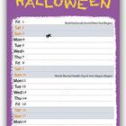 "HOOKED ON", "HALLOWEEN", "OCTOBER". Lila Hintergrund, blaue Figur im roten Kostüm, Kürbisse, Geister und Sterne.
