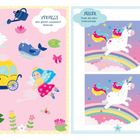 "VERMISST: Was gehört zusammen? Verbinde. FEHLER: Finde die zehn Unterschiede." Links Prinzessinnenmotive, rechts Einhornbilder.