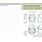 Seite 18: Übung, Die menschliche Gestalt. Seite 19: Einen Kopf zeichnen. Zeichnungen von Gesichtern mit Proportionserklärungen.