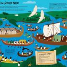 Ein Fluss mit vielen Booten; Text erklärt den Nil als Handelsweg im alten Ägypten. Eine Liste fordert zum Finden von Objekten auf.