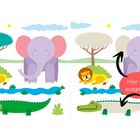 Hier wird ausgemalt. Illustration von Löwe, Elefant und Krokodil in einer Landschaft mit Bäumen und Fluss.