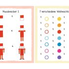 Links: "Nussknacker 1" zeigt sechs Illustrationsschritte eines Nussknackers. Rechts: "7 verschiedene Weihnachtskugeln" mit farbigen Kugeln.