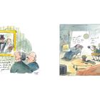 Links: "Wenn ich mir heute unser Hochzeitsfoto anschaue, denke ich, es hat von Anfang an nicht gestimmt." Rechts: "Was willst du denn mit einem Foto von mir? Brauch ich für eBay!" Zwei Illustrationen, links ein Paar vor einem Hochzeitsbild, rechts ein Mann und eine Frau mit Kamera.