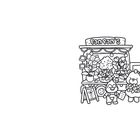 „Pan Pan's“ oben auf einem Blumenwagen. Illustration mit einem Bären und Pinguin, die Blumen vor einem Truck verkaufen.