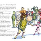 Text erzählt von Kronprinz und Ritter Radieschen beim Tanz. Farbenfrohe Figuren in Gemüse- und Obstkostümen tanzen fröhlich.