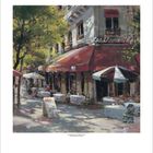 Gemälde einer Straßenszene mit Café, rotem Markisendach, Bäumen, Tischen und Stühlen unter Sonnenschirmen.