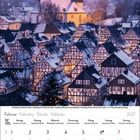Kalenderblatt Februar 2027 mit Fachwerkhäusern und einer Kirche im Schnee. Feiertage: Rosenmontag 8., Aschermittwoch 10.