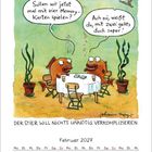"Sollen wir jetzt mal mit vier Memory-Karten spielen?" "Ach nö, mit zwei geht's doch super!" Zwei Fische am Tisch, Kalender Februar 2027.