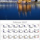 Kalender für Februar 2027, darunter Feiertage wie Faschingsdienstag und Valentinstag, über einem beleuchteten Tempel am Wasser.
