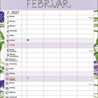 "FEBRUAR" oben, Kalender 2027 mit Blumendekor. Enthält Tage und Wochen, Valentinstag am 14., bunte Blumenillustration oben.