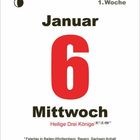 1. Woche, Januar 6, Mittwoch, Heilige Drei Könige. Feiertag in BW, BY, ST, regional begrenzt. Halbmond-artiges Logo.