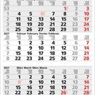 Kalender für Januar, Februar, März 2027, mit Wochentagen auf Deutsch, Englisch, Französisch, Italienisch.