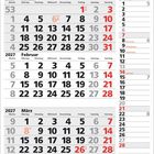 Kalender für 2027: Januar, Februar, März. Sonntage und Feiertage in Rot markiert. Feiertage: 6. Januar, 14. Februar.