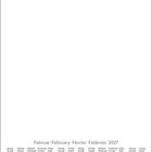 Kalender für Februar 2027 mit Wochentagen in vier Sprachen. Datumszahlen in schwarz, Sonntage und Valentinstag in rot.