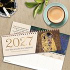 "2027 Der literarische Kunstplaner, Premium-Tischplaner mit 53 Werken." Spiralblock mit Gemälde, Kaffee und Stiften.