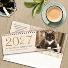 "2027 Der literarische Katzenplaner" steht auf einem Kalender. Zu sehen ist eine Katze, daneben Kaffee und Stifte.