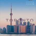 Text: "FEBRUAR", "KANADA", "TORONTO". Skyline mit CN Tower bei Sonnenuntergang, spiegelnd im Wasser.