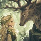 Kalender: Februar 2021. Eine Illustration zeigt ein Mädchen mit Blumenkranz, das einem großen, majestätischen Hirsch gegenübersteht.