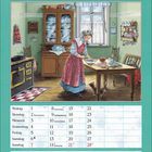 Im Zentrum: Februar, darunter Kalendertage. Illustration: Frau in traditioneller Kleidung bereitet Essen in gemütlicher Küche.