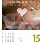 "Es gibt nur eine Person, die du beeindrucken musst: dich." Kalender mit Februar-Daten, Hand hält Herzform. Montag, 15.