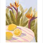 Kalenderblatt Februar 2024. Illustration: Zitronen auf gestreiftem Tischtuch, im Hintergrund große Blätter und exotische Blumen.