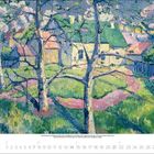 „Kalender 2024. 2. I II." Illustration eines Gartens mit blühenden Bäumen vor Häusern in impressionistischem Stil.
