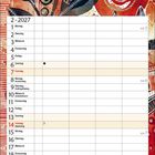 Kalenderblatt für Februar 2027, kunstvoll illustriert mit schwarzen Blättern auf rot-orangem Hintergrund.