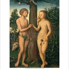 Kalender mit Datum 2 und Monat Februar, zeigt Adam und Eva im Garten Eden mit einer Schlange im Baum. Gemälde von Lucas Cranach.