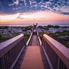 Ein Holzsteg führt durch Sanddünen zum Meer, über dem ein farbenfroher Sonnenuntergang mit teils bewölktem Himmel zu sehen ist.