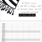 Ein witziger Text über das Wecken von Kindern. Oben ein schwarz-weiß gestreifter Schal. Unten ein Monatskalender.