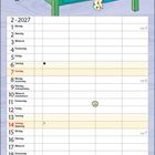 Kalenderblatt für Februar 2027 mit Illustration: Ein rosa Hase und ein blauer Elefant kochen gemeinsam an einem Tisch.