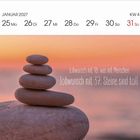 Kalenderdatierung: Januar 2027, KW 4. Zitat: "Jobwunsch mit 18: was mit Menschen. Jobwunsch mit 37: Steine sind toll." Stapel flacher Steine.