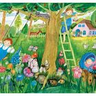 Ein fröhliches Kind schaukelt an einem Baum; ein anderes pflückt Kirschen. Blühende Blumen und Tiere beleben die Wiese.