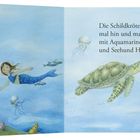 "Die Schildkröte paddelt mal hin und mal her mit Aquamarinchen und Seehund Homer." Illustration: Meerjungfrau, Schildkröte.