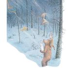 Illustration eines verschneiten Waldes mit einem Bären, Hase und einem anderen Tier, die aufschauen. Ein Heißluftballon fliegt.