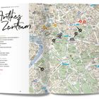 Überschrift: "Antikes Zentrum". Liste: Sehenswürdigkeiten, Parks, Essen & Trinken, Shopping. Stadtkarte mit Nummern und Symbolen.