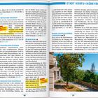 Texte: "Nov.-März 8.30–15.30 Uhr", "BRITISCHER FRIEDHOF", "Wilde Friedhofsblumen", "KLÖSTER AGIA EFTHIMIA", "BASILIKA VON PALEÓPOLIS", "STADT KORFU (KÉRKYRA)", "KANOÍN, KLOSTER VLACHERNA & PONTIKONÍSSI", "MON REPOS". 

Darunter ein Bild mit einer baumbestandenen Straße und einem Gebäude mit Meerblick.