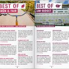 „BEST OF GRÜN & FAIR“ und „BEST OF LOW-BUDGET“ als Überschriften. Ein Fahrradlenker zeigt auf einem Weg nach vorne. Ein Schiff im Hintergrund.