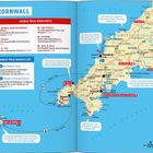 Reiseinformationen über Cornwall, Sehenswürdigkeiten und Aktivitäten. Links ein blauer Kasten, rechts eine farbige Karte.