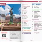 Links: "INHALT" oben, darunter am Römerplatz; Statue und historische Gebäude. Rechts: Inhaltsverzeichnis mit Kategorien.
