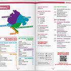 Auf zwei Buchseiten steht der Text „INHALT“. Eine Karte zeigt Regionen von Montenegro: „DER NORDWESTEN“, „DER NORDOSTEN“, „DIE BUCHT VON KOTOR“, „DIE ADRIA“, „CETINJE, SKUTARISEE & PODGORICA“. Links der Text „DEIN MARCO POLO URLAUBSPLANER“, gefolgt von Orten und Seitenzahlen. Rechts stehen „ERLEBNISTOUREN“ und andere Kategorien. Unten ein QR-Code und der Text „BESSER PLANEN MEHR ERLEBEN!“.