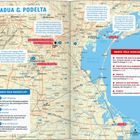 Aufschrift "PADUA & PODELTA". Karte zeigt Städte rund um Padua und Venedig. Enthält Sehenswürdigkeiten, Routen und Highlights.