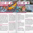 Texte: "BEST OF GRÜN & FAIR", "DEIN BECHER SPART DIR GELD", "BEST OF LOW-BUDGET", "GÜNSTIG UND SATT". Links: Gelbe Fahrräder; rechts: Affe.