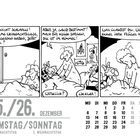 Kalenderseite mit Cartoon. Figuren sprechen über eine Weihnachtsgans im Himmel, geben humorvolle Antworten. Weihnachten.