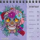 Februar-Kalender: Montag 22 bis Sonntag 28. Totenkopf-Illustration mit bunten Blumen auf lila Hintergrund.