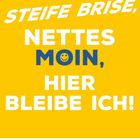 Steife Brise, nettes Moin, hier bleibe ich! Kalender für April, leuchtend gelber Hintergrund mit blauem Smiley-Emoticon.