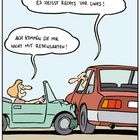 Zwei Fahrzeuge sind zusammengestoßen. Fahrer sagen: "Rechts vor links!" und "Ach kommen Sie mir nicht mit Redensarten!"