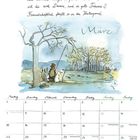 Kalenderblatt für März. Illustration: Angler mit Hund am Fluss. Text oben beschreibt ruhige Natur und Träume.